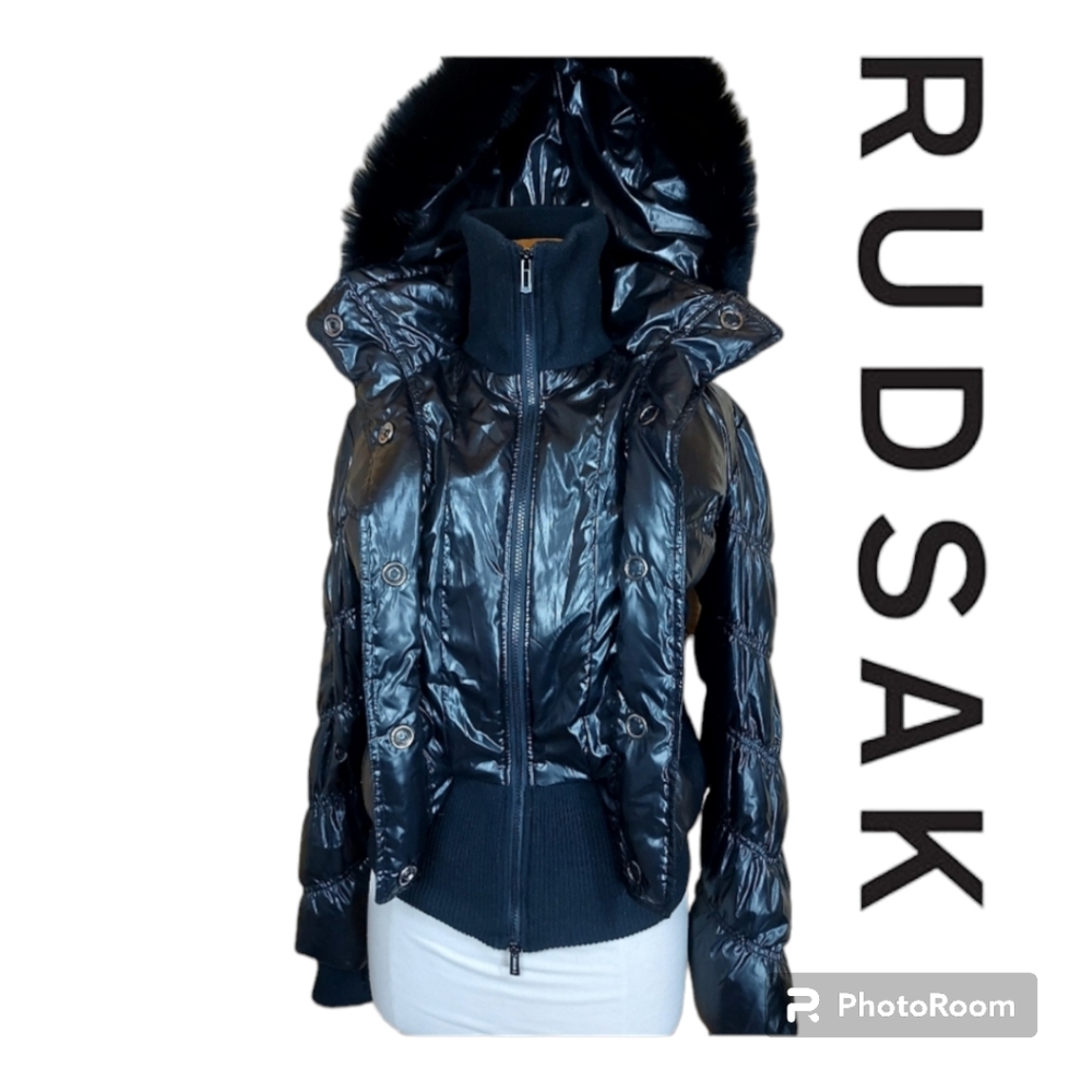 RUDSAK Women's Shiny Black Puffer Bomber Jacket with Fur Hood